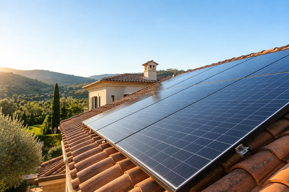 Paneles solares fotovoltaicos sobre una cubierta de teja
